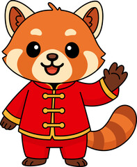 Cartoon red panda in Chinese clothes waving hand