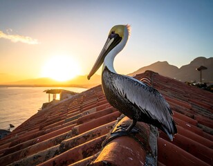 Bird perches on a roof at sunrise over the ocean