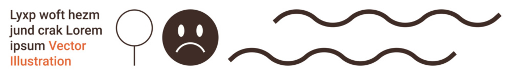 Fototapeta premium Emotional expressions, feedback, analysis, content design, sadness, patterns. A sad face, magnifying glass wavy lines and placeholder text. Emotional expressions and feedback concepts