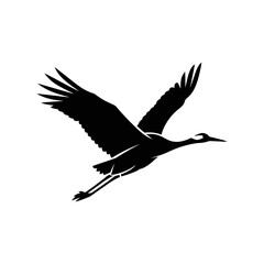 Fototapeta premium Black silhouette of a crane bird in graceful flight with wings spread wide against a plain background.