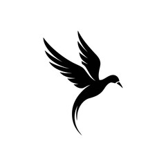 Black silhouette of a bird in flight with outstretched wings and a long tail, isolated on a white background.