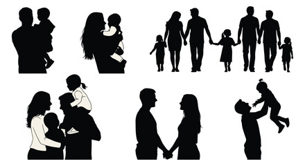 Family units parents couples and children in loving interactions