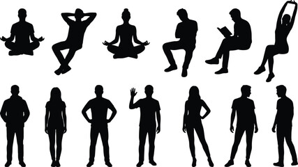 Vector set of black silhouettes showing diverse men and women in various everyday poses, including standing, sitting, stretching, and meditating, illustrating lifestyle and activity.