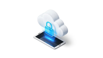 Isometric Cloud Security on Smartphone with Padlock Icon.