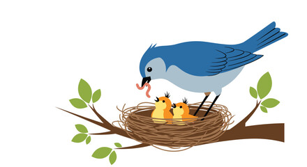 Caring mother bird feeding a worm to her two hungry baby chicks waiting in their cozy nest on a tree branch.