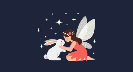 Gentle and magical fairy with sparkling wings and a flower crown, lovingly holding a cute white rabbit under a starry night sky.