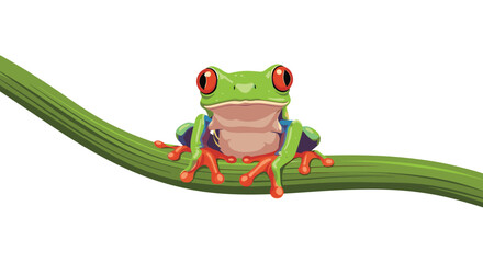 Vibrant and colorful red-eyed tree frog sitting on a green vine and staring forward, isolated on a white background.