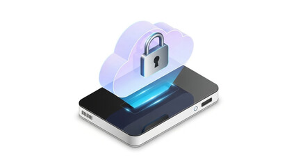 Isometric Smartphone with Cloud and Padlock Illustrating Secure Mobile Cloud Computing.