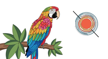 Colorful macaw parrot perched on a branch next to a detailed scientific diagram of the structure of a human or bird eye.