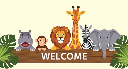 Friendly group of cartoon safari animals including a lion, elephant, and giraffe, holding a wooden "WELCOME" sign for a zoo.