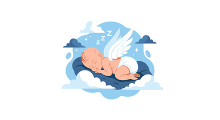 Adorable and peaceful baby angel with white wings sleeping soundly on a soft blue cloud among the stars in the night sky.