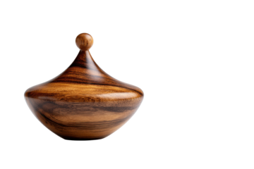Polished wooden spinning top with dark wood grain on black background image, Png, Isolated on Transparent Background, Cut Out