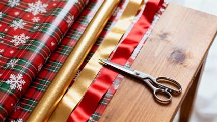 christmas wrapping paper and ribbons with scissors on table