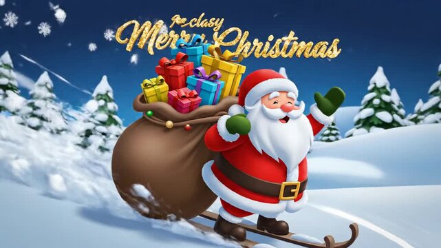 Animated holiday scene of santa claus on sleigh delivering gifts