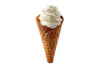 Creamy vanilla soft serve ice cream in a crisp waffle cone isolated on black image, Png, Isolated on Transparent Background, Cut Out