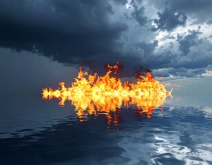 Burning flames on reflective water, dark storm clouds overhead