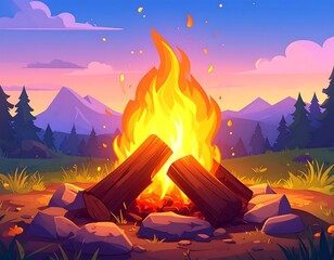 Cartoon campfire burns brightly under a colorful sunset, mountains in background