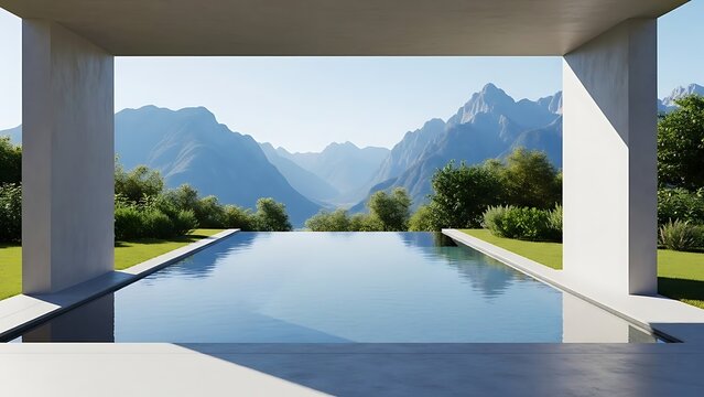 Empty square room with Swimming pool terrace with mountain view. There are border less swimming pool and surrounding with nature and mountains