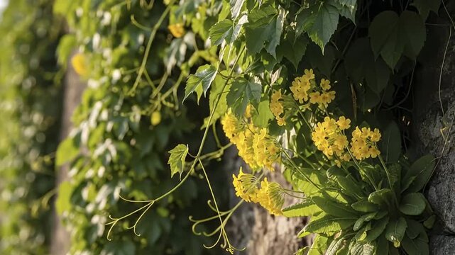 This video captures a vibrant display of nature, featuring lush green foliage with climbing vines and clusters of delicate yellow flowers thriving against a textured, rustic background, possibly a sto