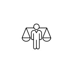 Man with scales icon. Simple outline style. Integrity, lawyer, person, justice, legal, law, judge, balance, equality concept. Vector illustration isolated on white background. Thin stroke EPS 10