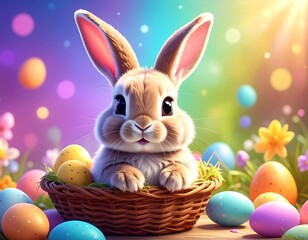 Adorable bunny in a basket surrounded by colorful Easter eggs and flowers