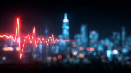A glowing cardiogram line overlaying a city skyline portraying urban health monitoring and modern wellness concepts.
