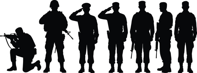 Black Silhouette Set of Seven Military Soldiers or Army Personnel in Uniform, Standing and Kneeling with Rifles, Isolated Vector Illustration for War, Defense, and Service Concepts