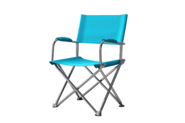 Bright blue folding director's chair with silver metal frame on black teal turquoise, Png, Isolated on Transparent Background, Cut Out