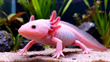 pink axolotl in aquarium