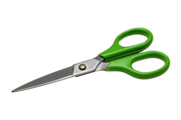 Bright green handled metal scissors isolated on black background tool cutting, Png, Isolated on Transparent Background, Cut Out