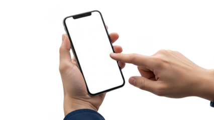 Hand holding smartphone with blank screen and touching display on transparent background
