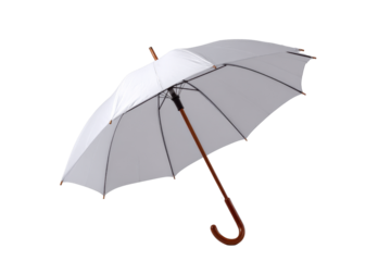 Open white umbrella with curved wooden handle on black background image, Png, Isolated on Transparent Background, Cut Out