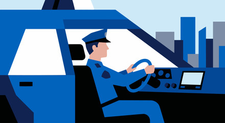 “Officer Driving Patrol Car” Flat vector police officer inside a patrol car, car drawn with geometric solid forms, minimal dashboard, strong police blue palette. © WealthyMinion
