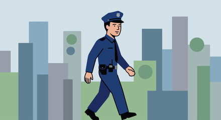 “Police Officer on Patrol”
Flat vector police officer walking on duty, simple city backdrop in solid shapes, clean bold colours, minimal detail.