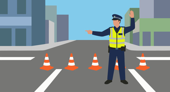 &ldquo;Officer Directing Traffic&rdquo;
Flat vector police officer using hand signals, traffic cones and road lines in solid colours, minimal urban environment.