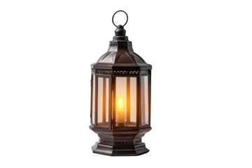 Dark brown lantern with glowing yellow candle inside on black background light, Png, Isolated on Transparent Background, Cut Out