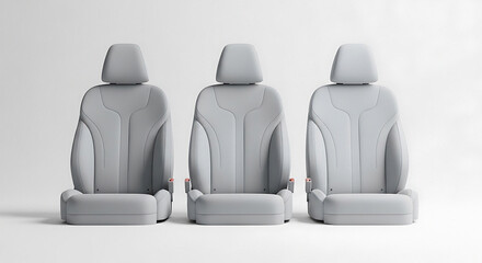 Three Gray Car Seats with Headrests and Cup Holders on a White Background gray seats automotive seats