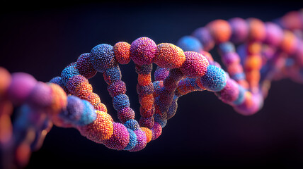 A colorful molecular DNA structure expressing genetic diversity scientific creativity and biotechnological innovation.
