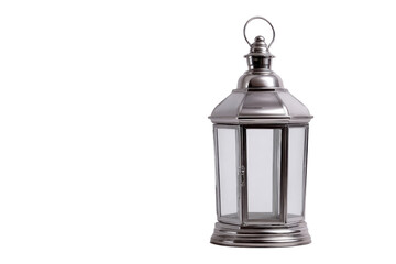 Polished silver lantern with glass panels and a black background metal shiny, Png, Isolated on Transparent Background, Cut Out