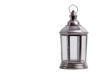 Polished silver lantern with glass panels and a black background metal shiny, Png, Isolated on Transparent Background, Cut Out