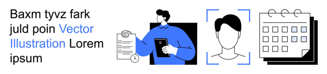 Digital identity, data management, authentication, scheduling, organization, technology. A person holding a tablet, face recognition scan and calendar. Digital identity and data management concept