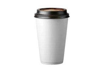 White disposable coffee cup with black lid filled with dark liquid image, Png, Isolated on Transparent Background, Cut Out