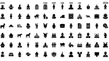 Set of silhouette icons depicting various people and objects