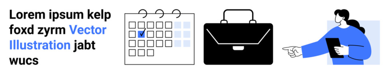 Scheduling, business planning, time management, professional work, event organization, productivity. Marked calendar, briefcase person holding a document. Scheduling and business planning concept