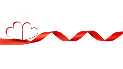 Red ribbon forming double heart shape with curled tail on transparent background
