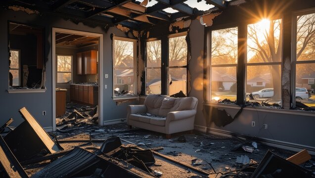 Interior of a house destroyed by fire, with sunlight streaming through damaged windows