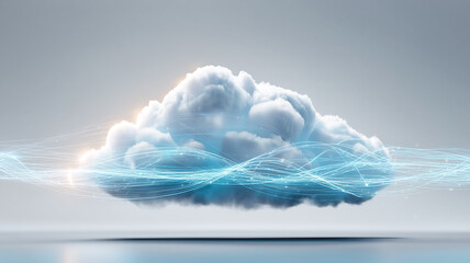 A cloud computing concept illustrated with a floating data cloud surrounded by dynamic information streams representing connectivity and digital transformation.
