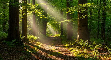 Serene forest pathway with sunlight filtering through trees
