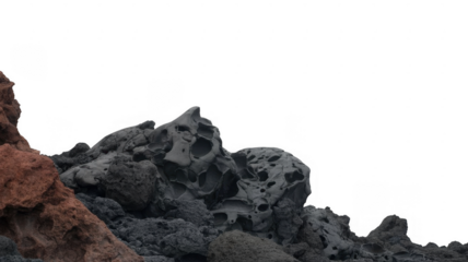 Volcanic rock formations in gray and brown isolated on a transparent background