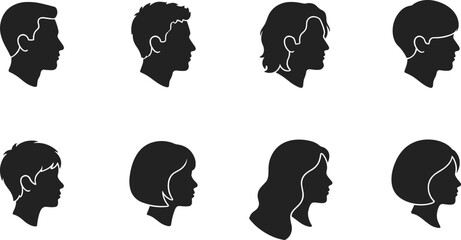 Vector set of black profile silhouettes featuring various male and female heads and hairstyles, representing different ages, genders, and hair types for avatar design. © Selina
